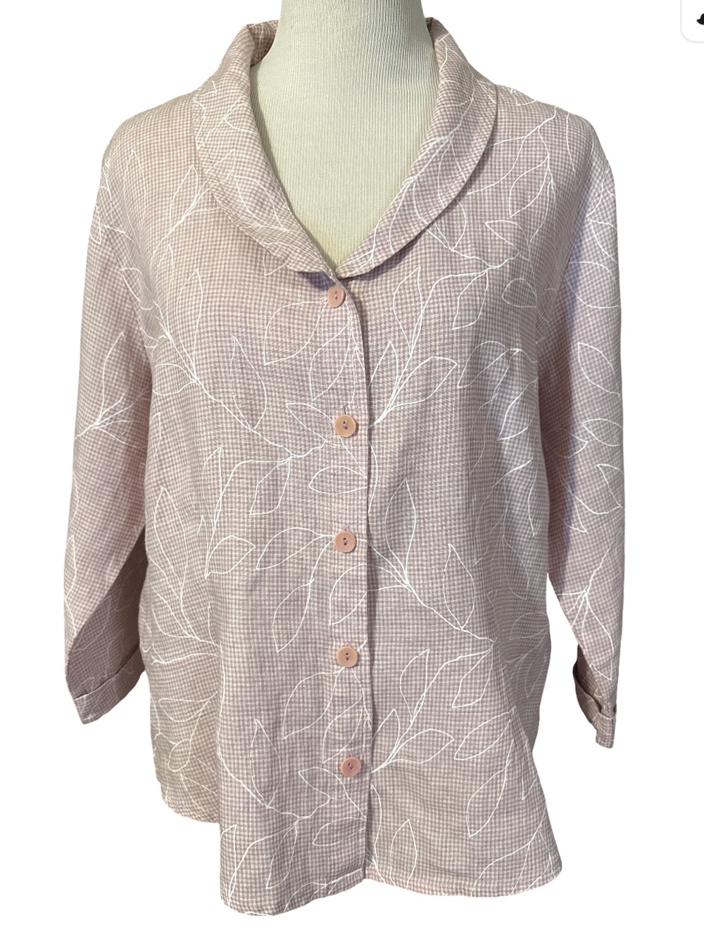 Flax Light Pink Leaf-Print Button Down Shirt Linen size medium Vintage